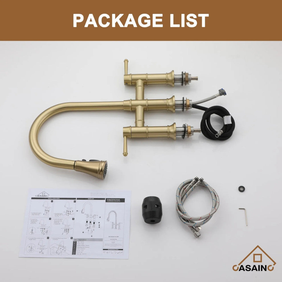 CASAINC Kitchen Faucet Centerset Bridge 3-Function 2-Handle Pull-Down Spray, Brushed Gold
