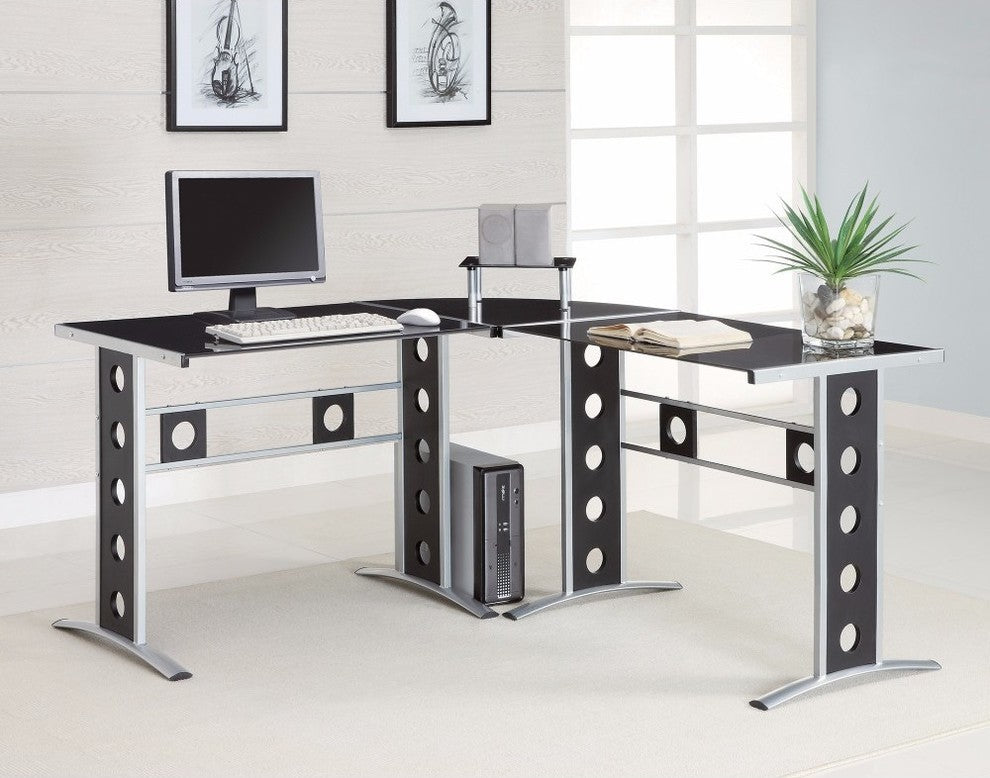 Benzara BM156229 Captivating L Shape Black Computer Desk With Silver Frame