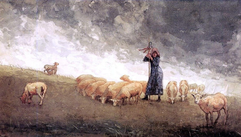 Winslow Homer Shepherdess Tending Sheep, 15"x30" Wall Decal