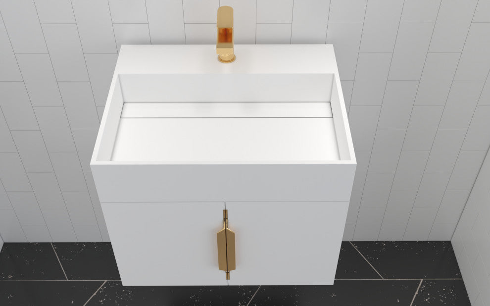 CastelloUSA Amazon 24" Wall Mounted Bathroom Vanity Set, White, White Top, Gold