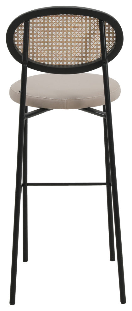 LeisureMod Euston Wicker Bar Stool With Black Steel Frame and Footrest, Beige