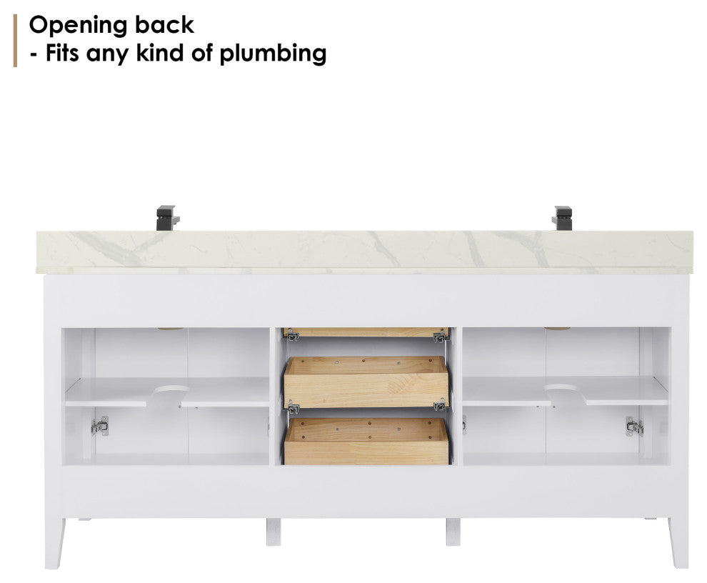 Laurel Bathroom Vanity with Calacatta White Quartz Stone Countertop, White, 72", With Mirror