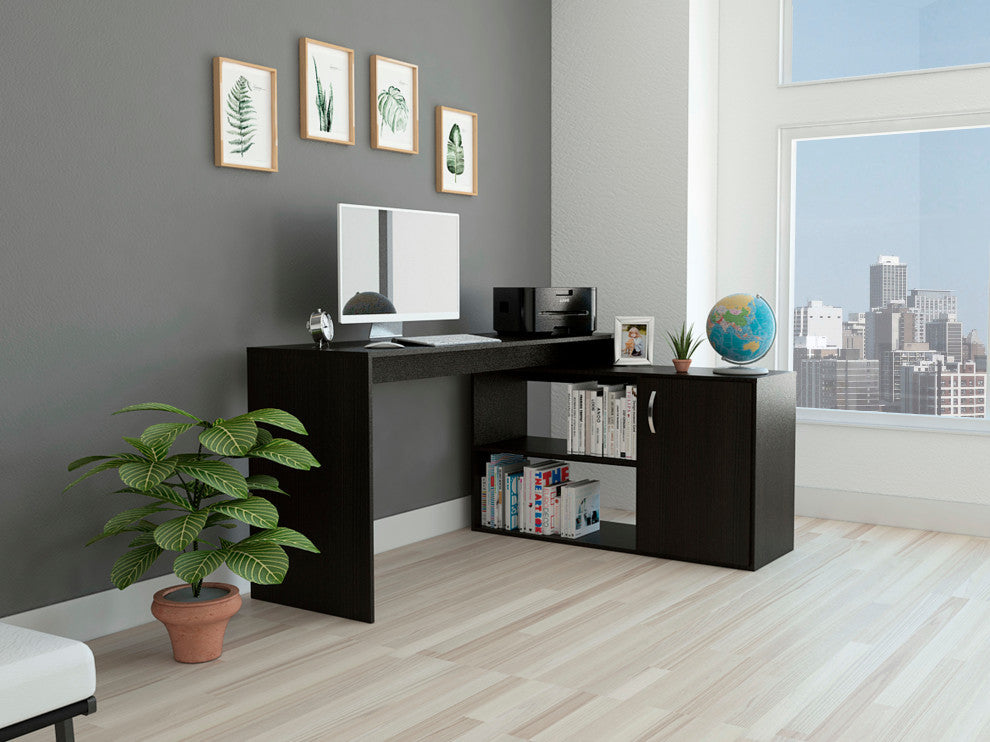 Dallas L-Shaped Home Office Desk with 2 Open Shelves and Cabinet, Black