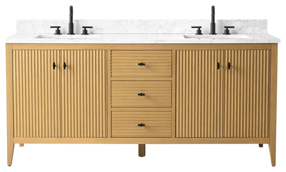 Vanity Art Freestanding Vanity, Natural Oak, 72", Double Sink, Matte Black