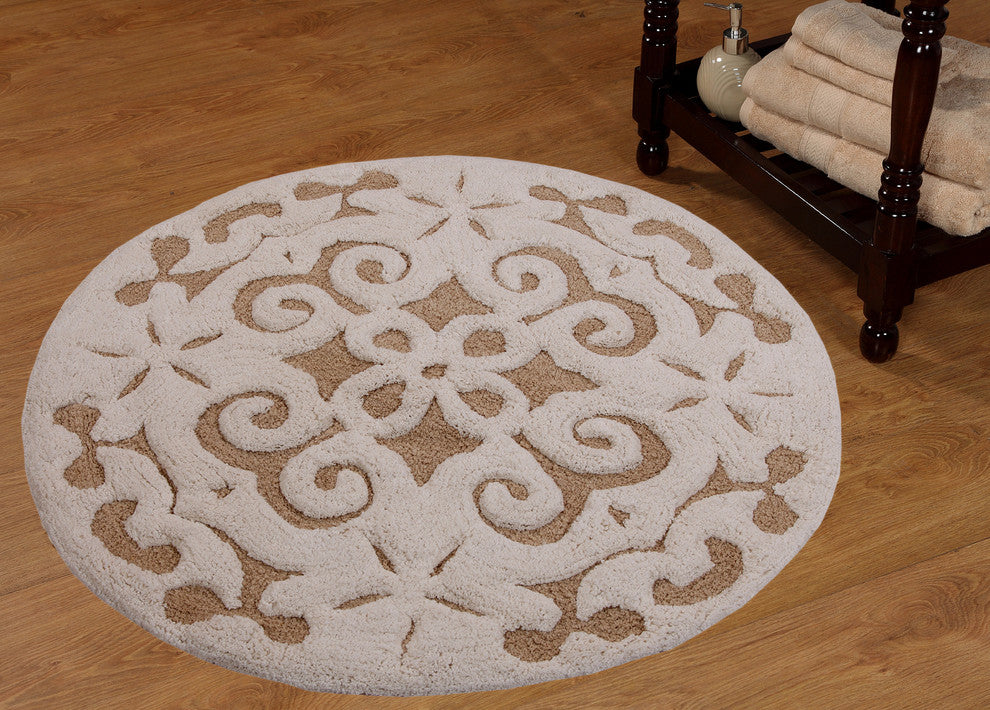 Saffron Fabs Bath Rug, Cotton, 36 Inch Round, 200 GSF, Damask Pattern, Beige