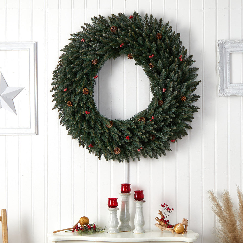 4' Large Flocked Faux Xmas Wreath W/Pinecones, Berry, Lights & Bendable Branches