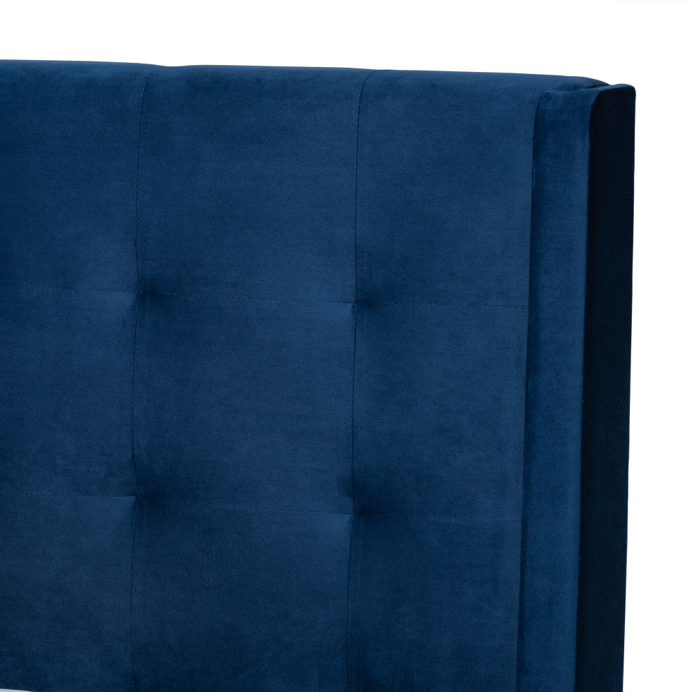 Violeta Modern Velvet Upholstered Platform Bed, Navy Blue/Dark Brown, King