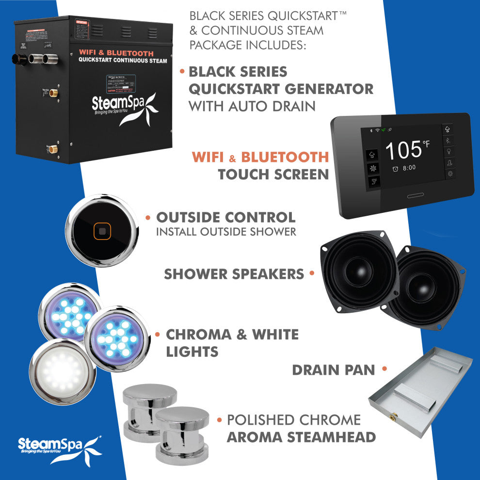 12kW QuickStart Steam Bath Generator With Dual Aroma Pump, Polished Chrome