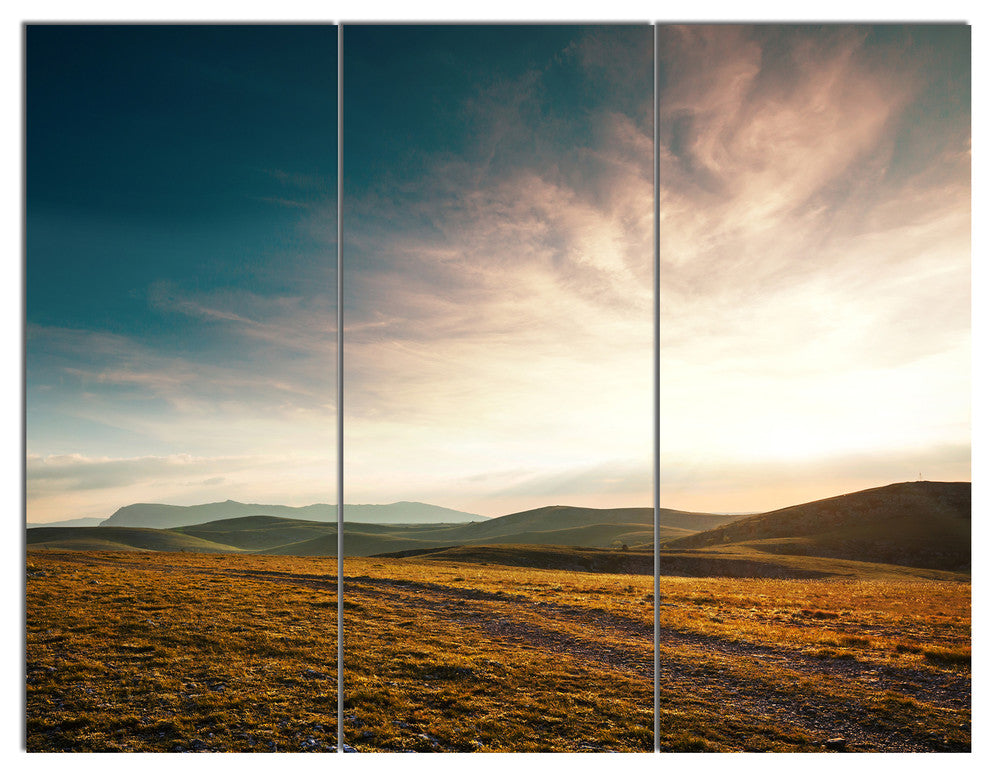 Pathway over Mountains At Sunset, Landscape Triptych Canvas Art, 36x28, 3 Panels