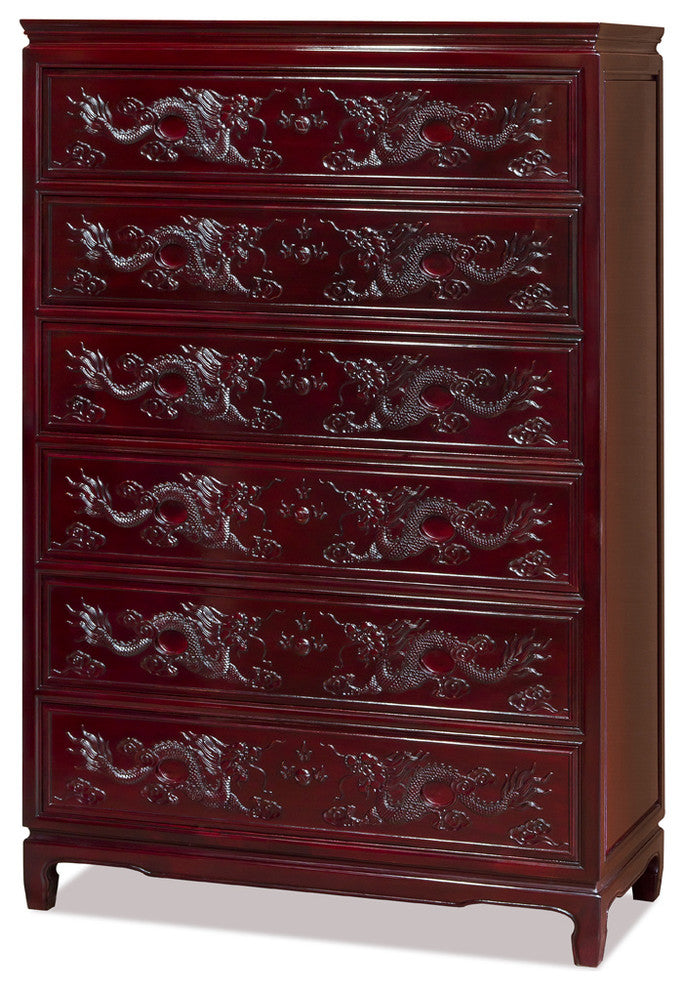 Dark Cherry Rosewood Dragon High Chinese Chest of Drawers