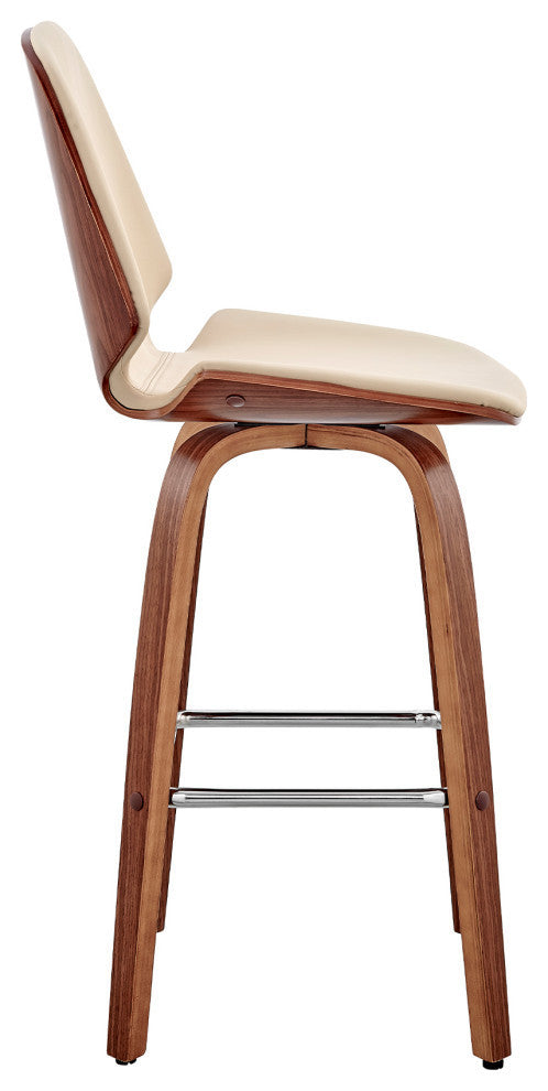 Arabela Faux Leather and Wood Swivel Bar Stool, Cream and Walnut