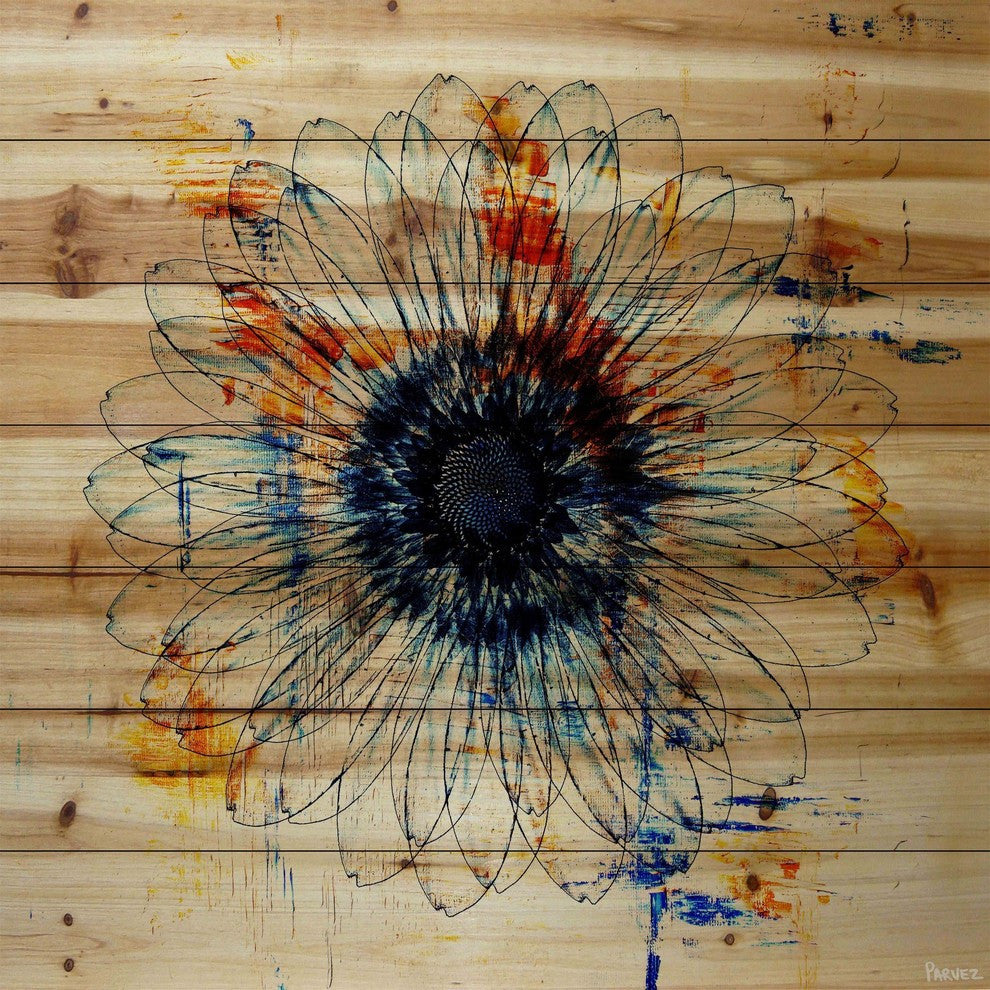 "Stencil Flower" Painting Print on Natural Pine Wood, 24"x24"