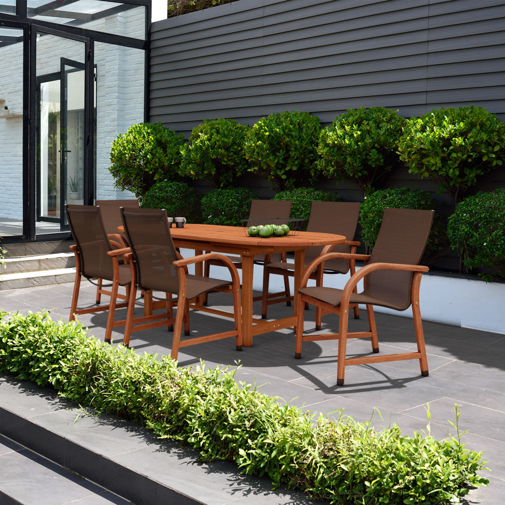 Amazonia Bahamas 7-Piece Eucalyptus Extendable Dining Set With Brown Sling Chair