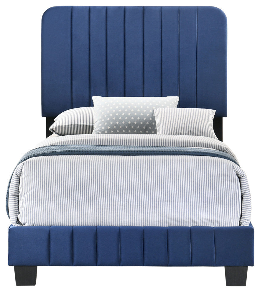 Lodi Velvet Upholstered Channel Tufted Twin Panel Bed, Navy Blue