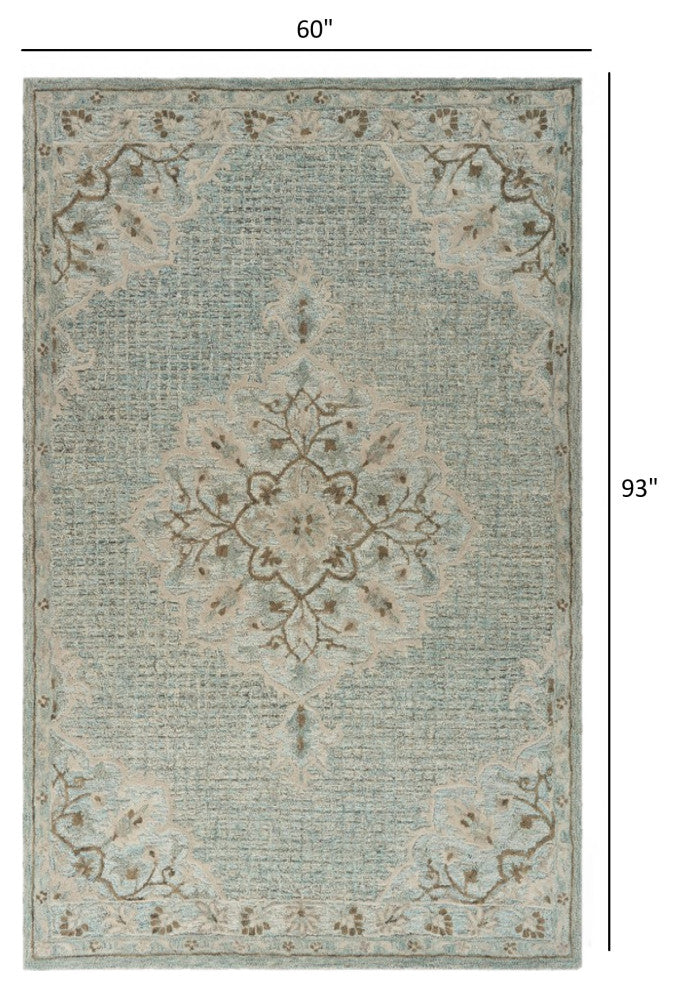 5" x 8" Blue and Beige Flor Medallion Area Rug