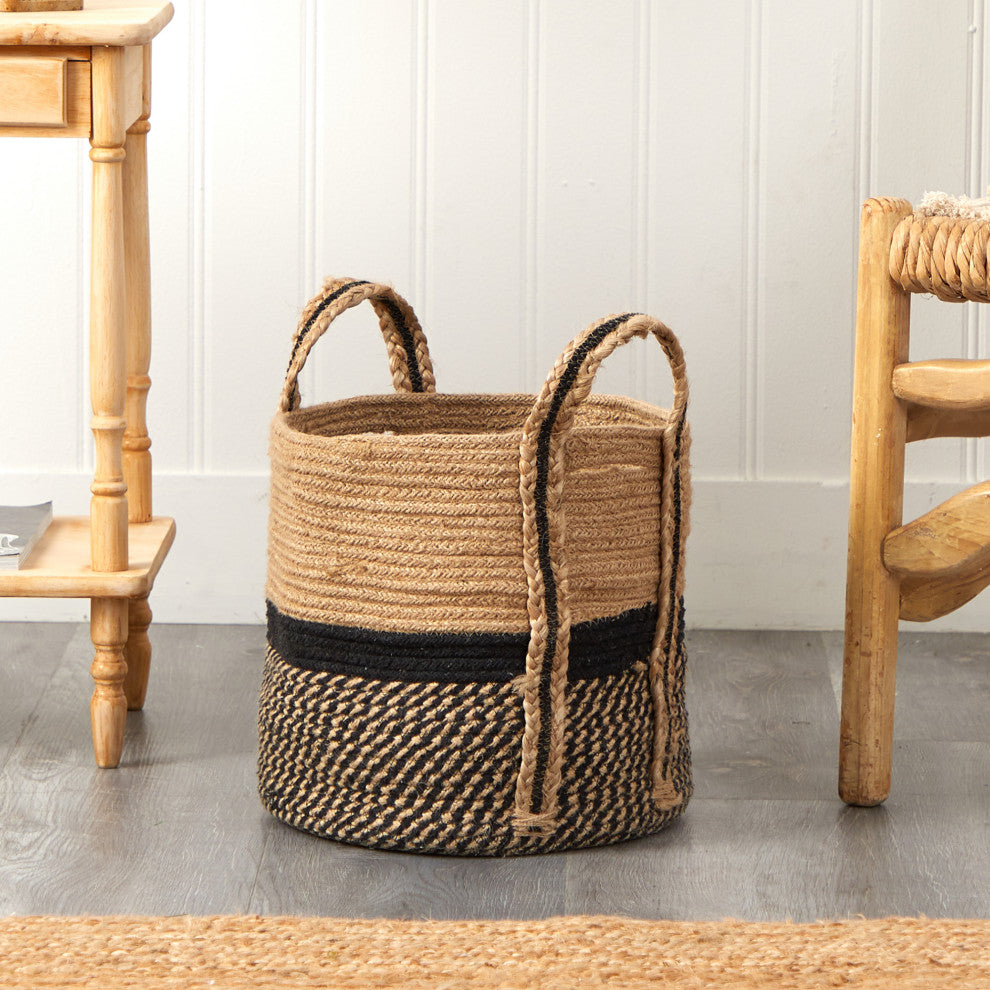 13" Boho Chic Basket Natural Jute Basket Planter, Black Bottom With Handles