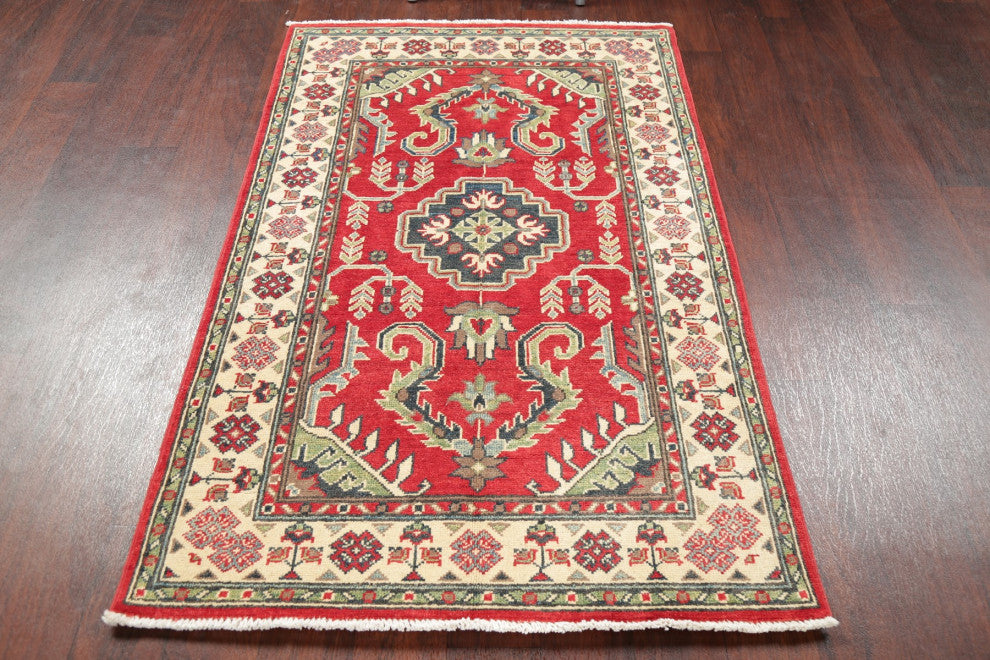 Hand Made Kazak Oriental Traditional Pakistani Area Rug, Red, 4'11"x3'3