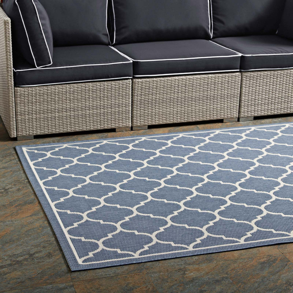 Area Rug Floor Carpet, Indoor Outdoor, Moroccan, Rectangular, 9x12, Blue Beige