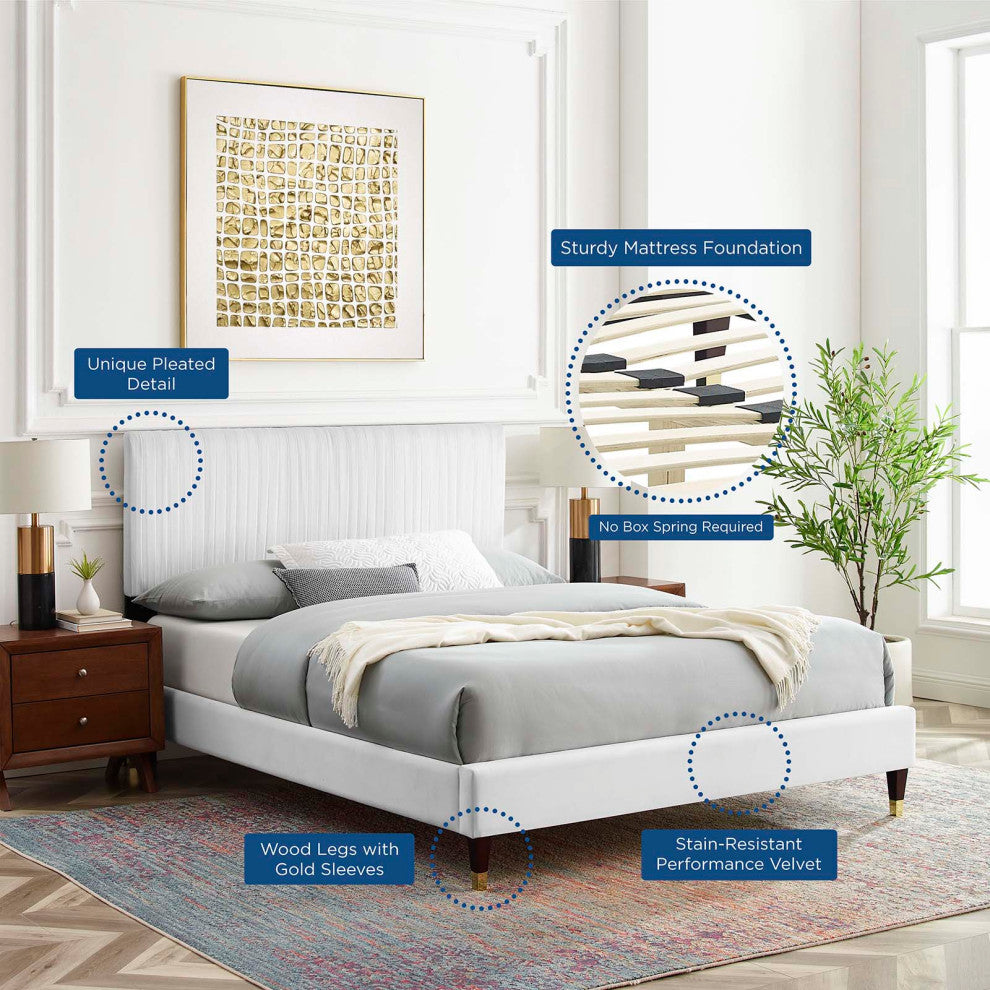 Platform Bed Frame, Full Size, Velvet, White, Modern Contemporary, Bedroom