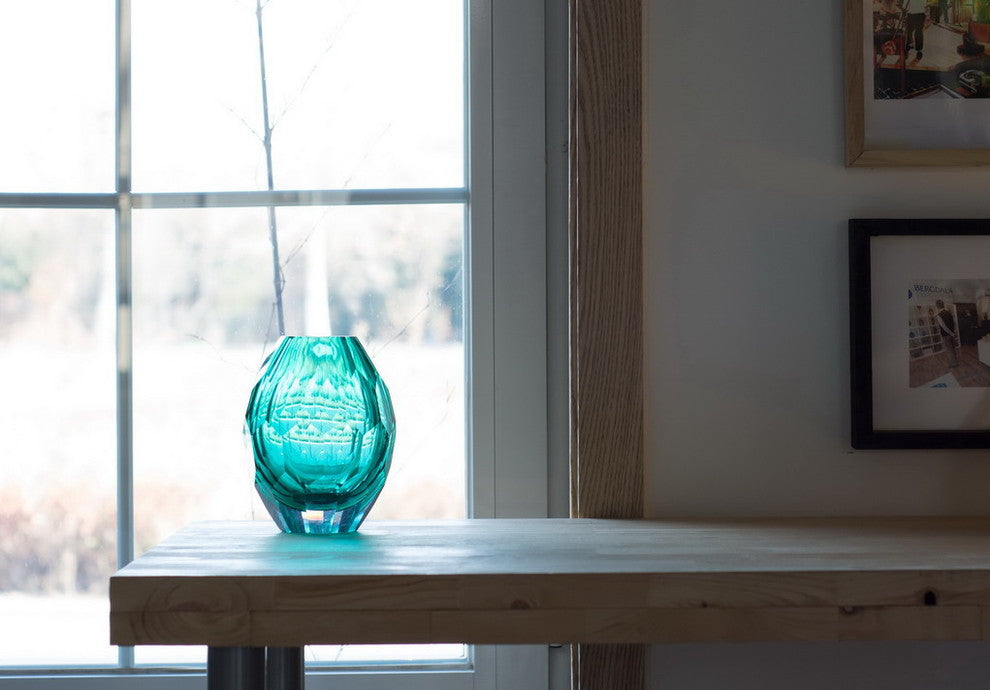 Diamond Solid Color Hand Blown Art Glass Vase, Gift Box, Turquoise