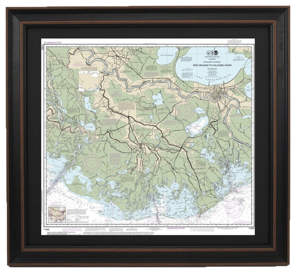 Nautical Chart, New Orleans to Calcasieu River East, Poster Framed