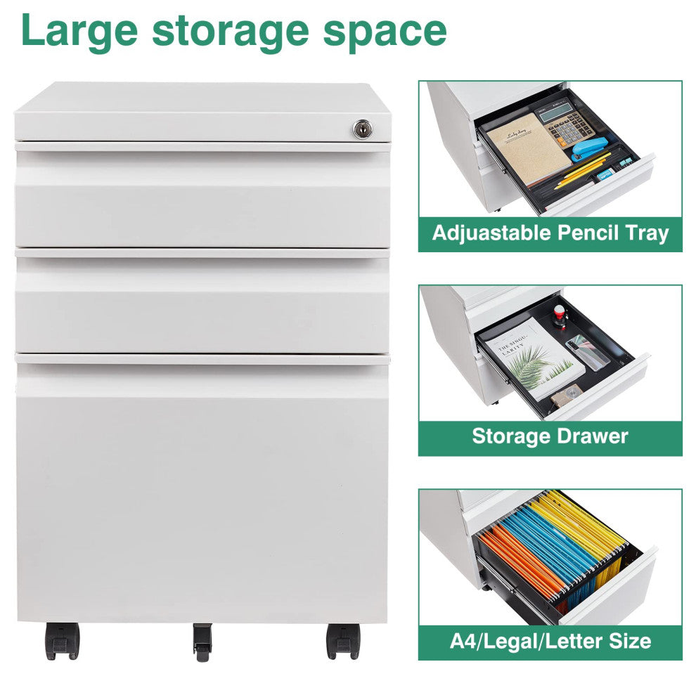 3 Drawer Mobile File Cabinet Under Desk Storage File Cabinets, White