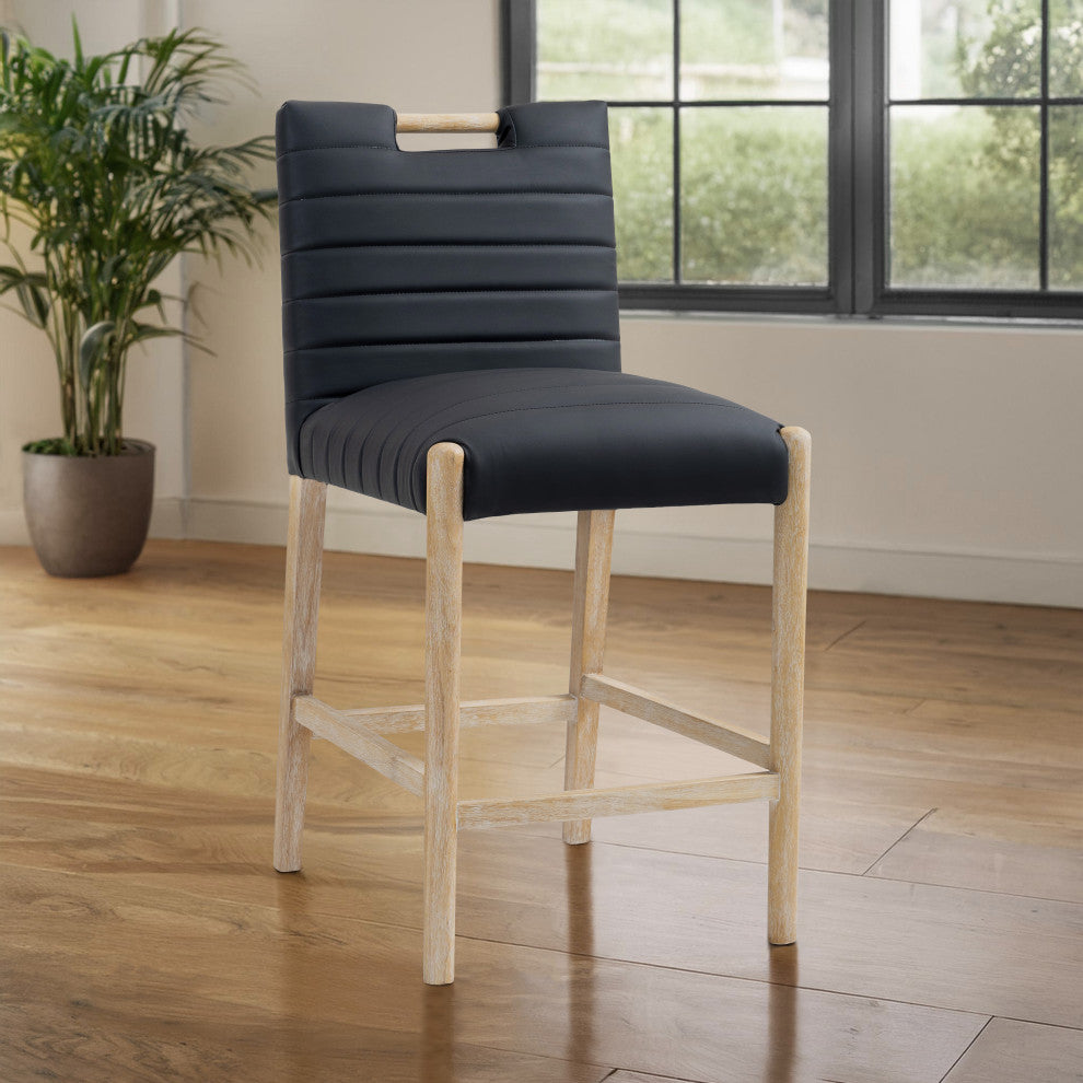 Aimee Upholstered Counter Stool, Black, Vegan Leather, Natural Oak Finish