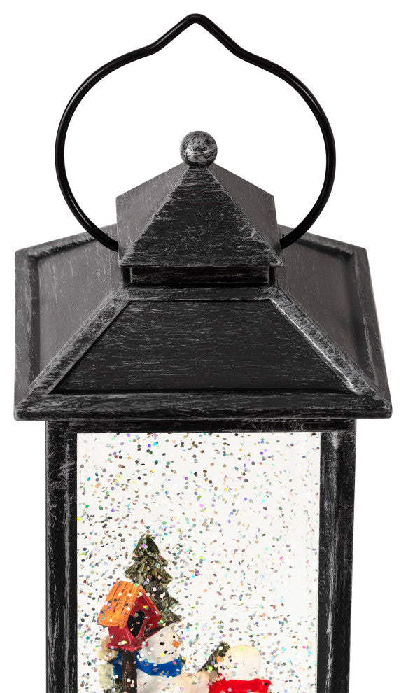 11"H Indoor Lantern Snowman Snow Globe Holiday Decoration with LED Light, Silver