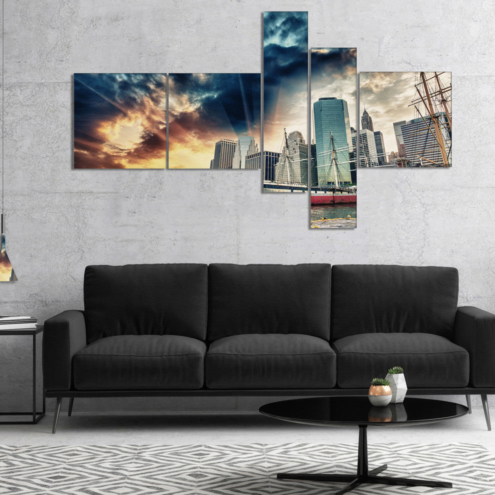 Sunset Colors of Manhattan, Cityscape Photo Canvas Print, 60"x32", 5 panels