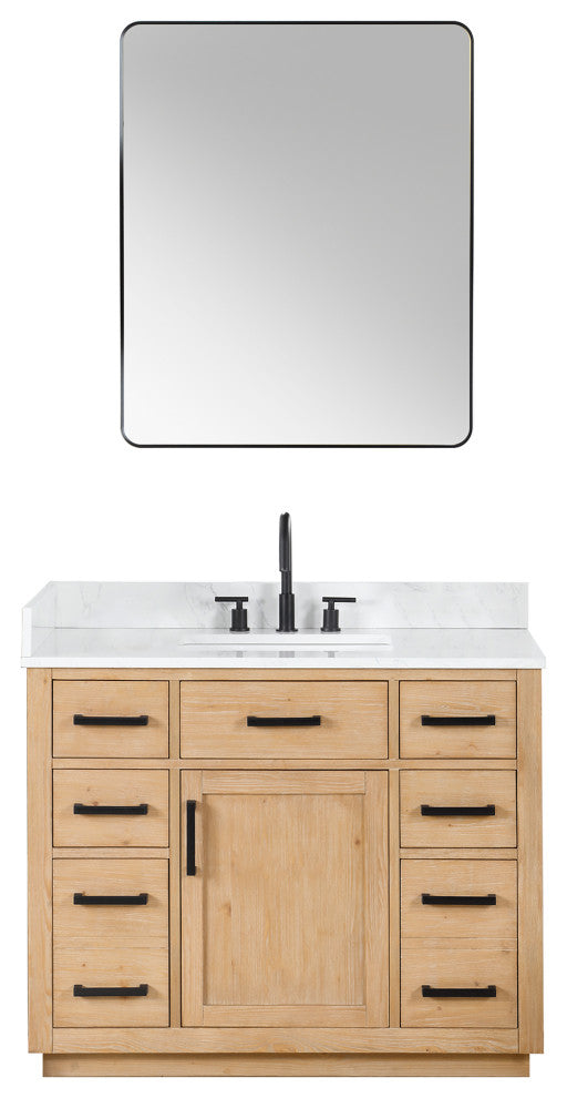 Gavino Vanity With Grain White Composite Stone Top, Light Brown/Matte Black, 42", With Mirror