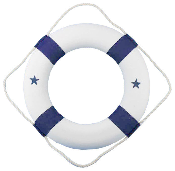 Classic Decorative Lifering, White With Blue Bands, 20"