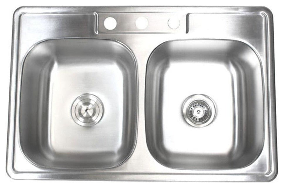 33-1/8" Topmount Stainless Steel 50/50 Double Bowl Kitchen Sink and Faucet Combo