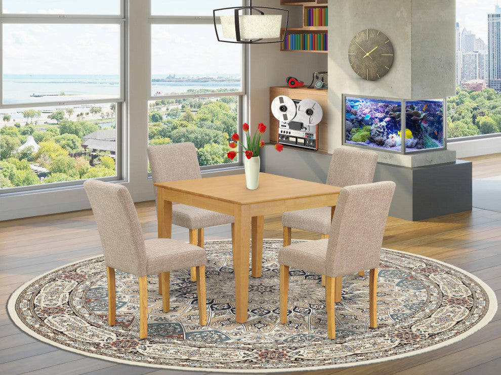 5Pc Square 36" Table And Four Parson Chair, Oak Leg And Linen Fabric Light Fawn