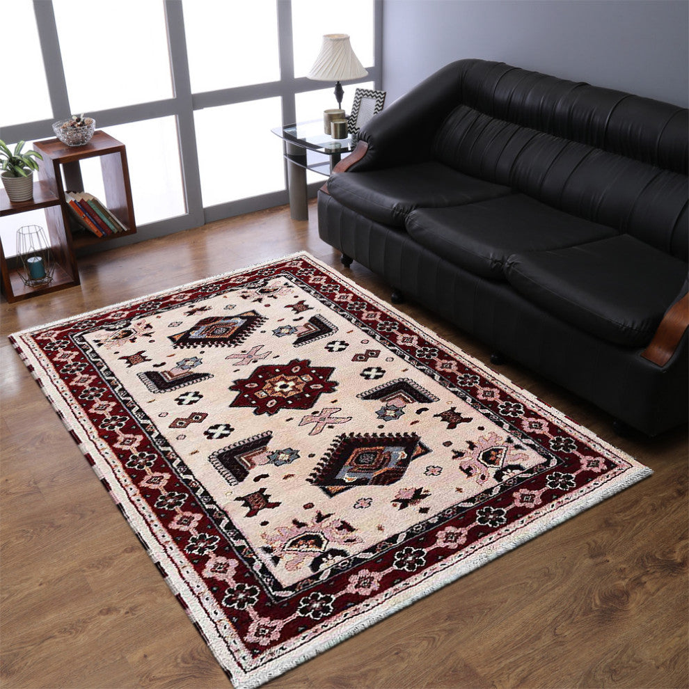 HAND KNOTTED WOOL & SILK ECO-FRIENDLY ORIENTAL AREA RUGS -Rectangle,Cream&Red, [Rectangle] 6'x9'