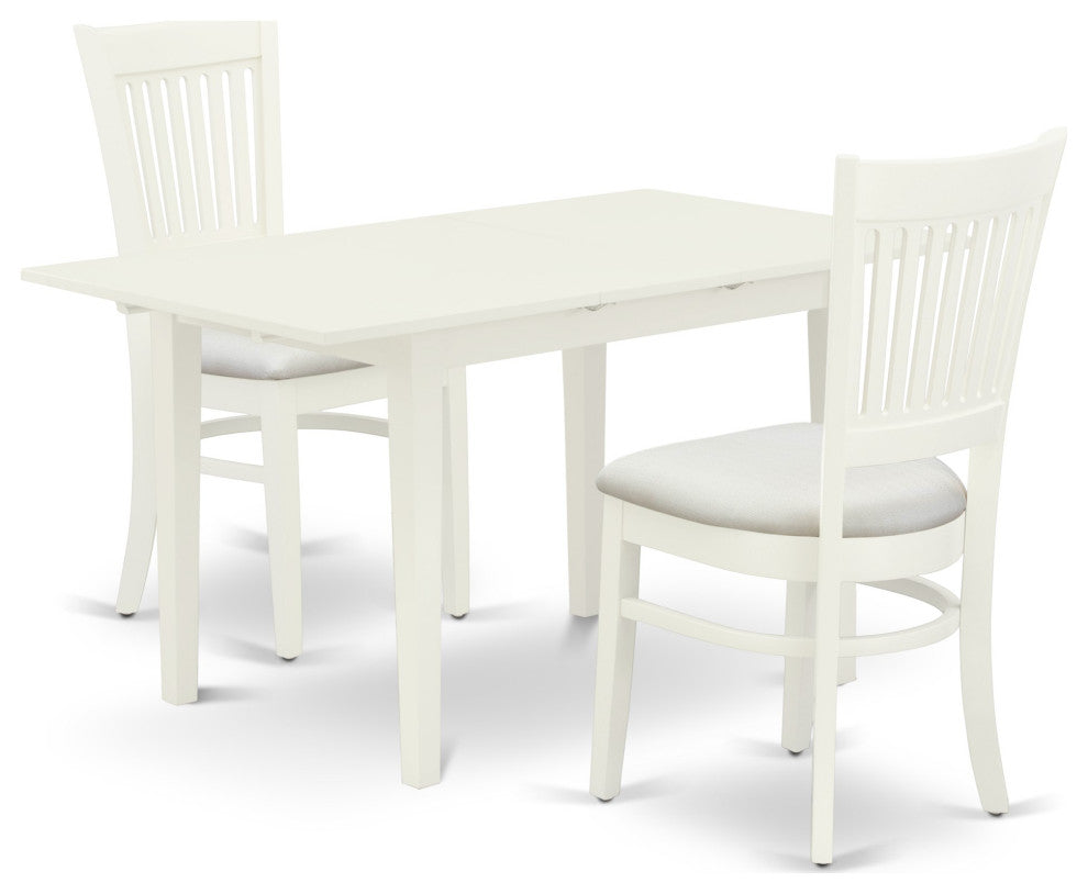3-Pc Dining Set 2 Wood Dining Chairs, Butterfly Leaf Dining Table, Linen White