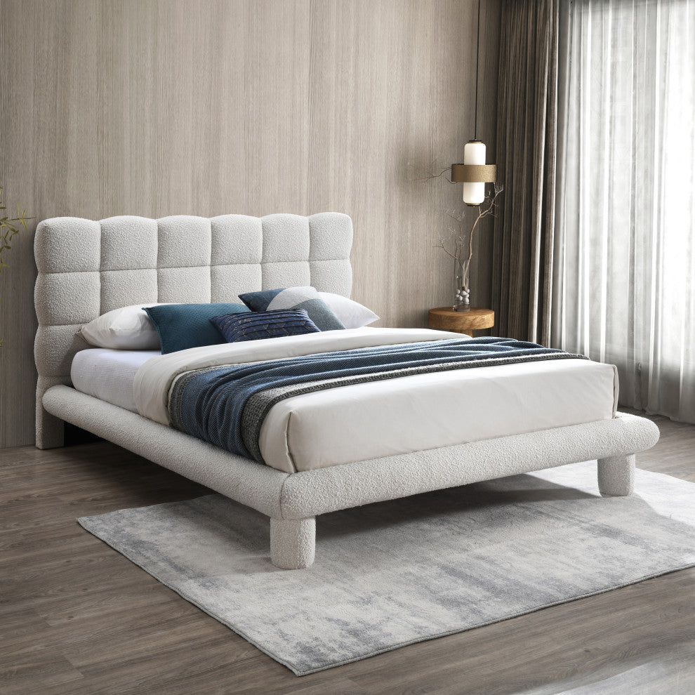 Deco Boucle Fabric Upholstered Full Bed, Cream, King