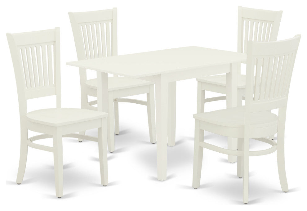 5Pc Dinette Set 4 Dining Chairs, Drops Leaves Dining Table, Linen White
