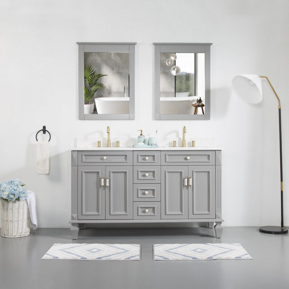 60 In Bathroom Vanity Set with 2Pcs 26 Inch Mirrors, Quartz Top, cUPC Certified, Titanium Grey