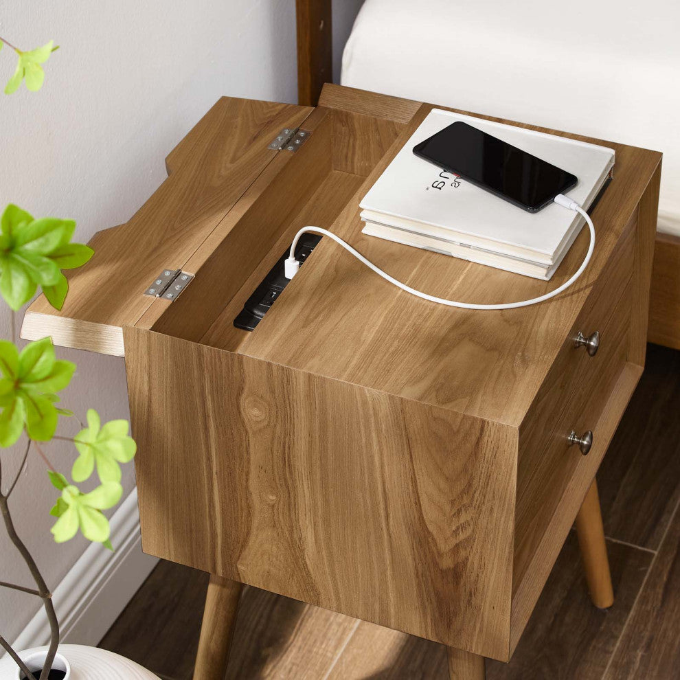 Nightstand Side End Table With USB, Wood, Brown Natural, Modern Living Room
