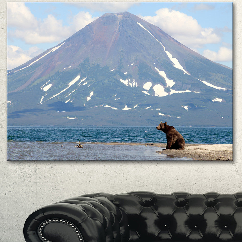 Large Bear in Front of Volcano, Landscape Canvas Wall Art, 40"x30"