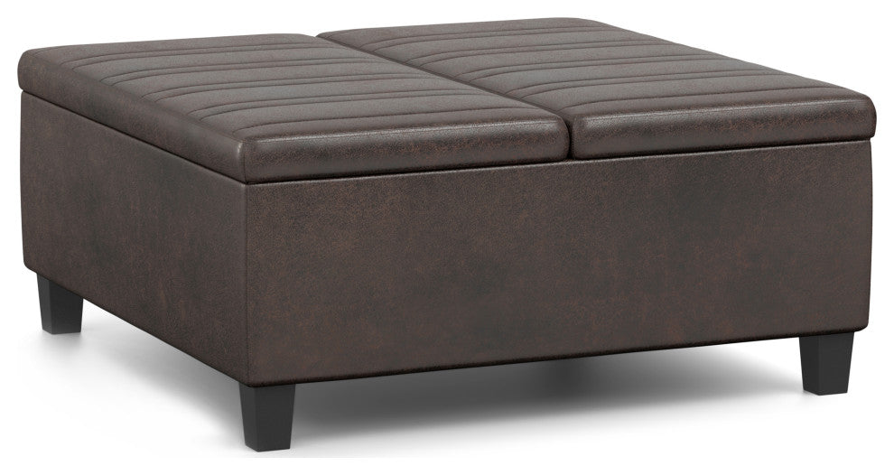 Ellis Coffee Table Storage Ottoman, Distressed Brown Vegan Faux Leather