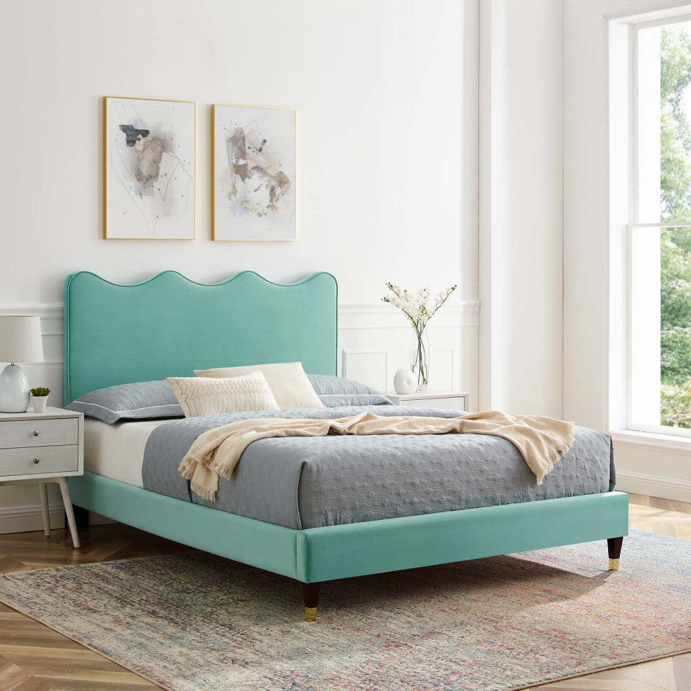 Platform Bed Frame, Queen Size, Blue, Velvet, Modern, Bedroom Guest Suite