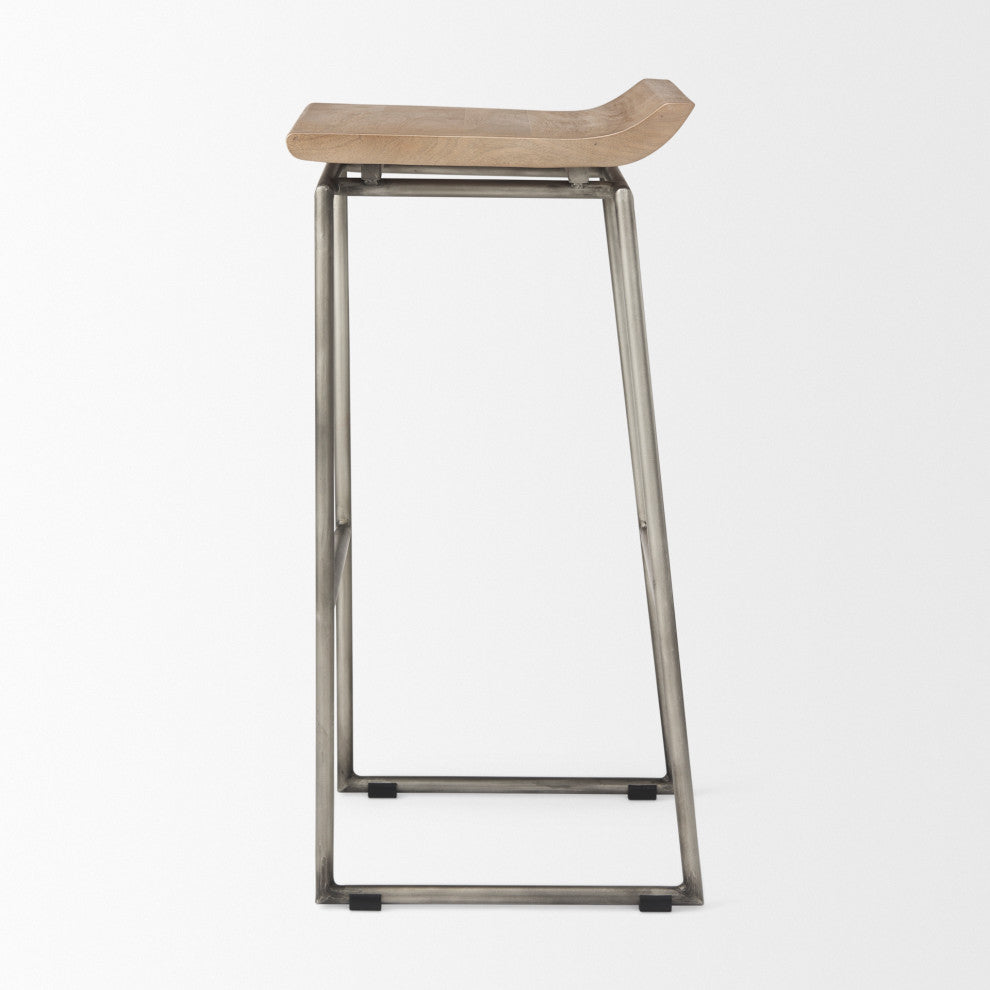 Givens Light Brown Solid Wood with Silver Metal Frame Bar Stool