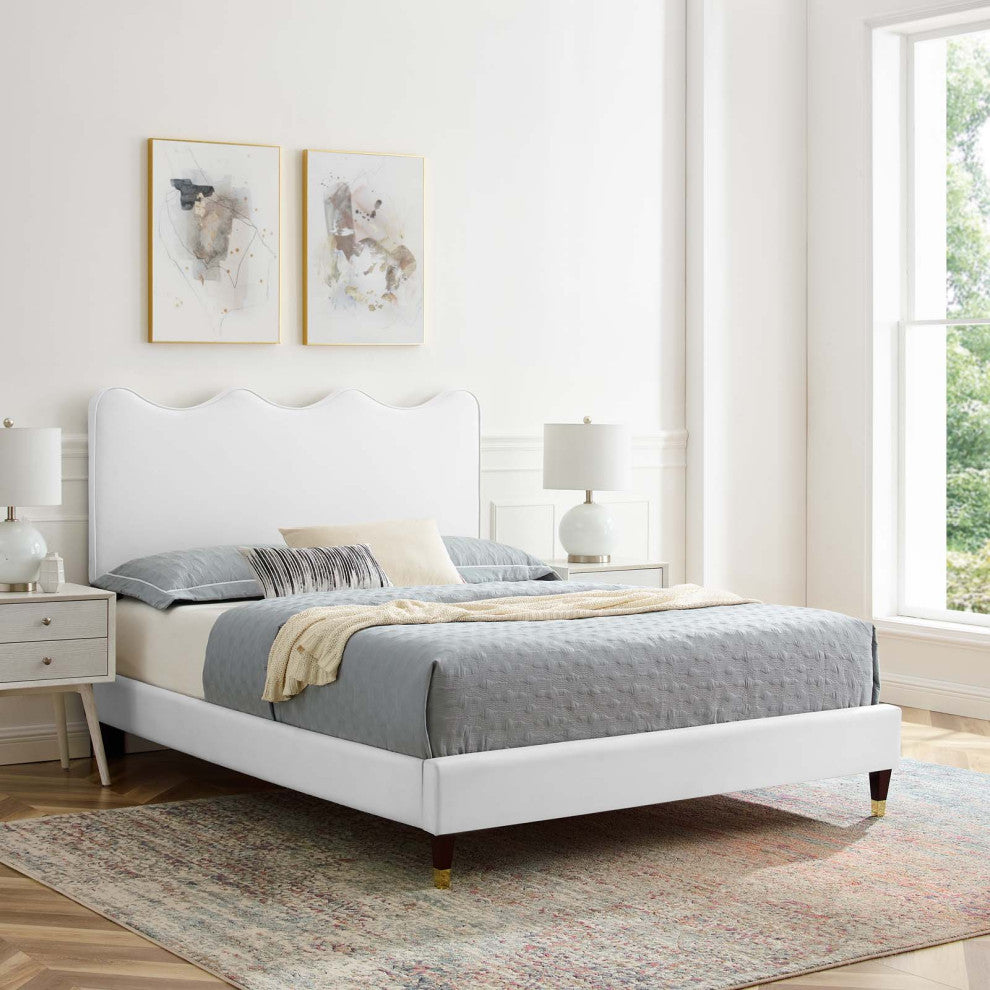 Platform Bed Frame, King Size, White, Velvet, Modern, Bedroom Guest Suite