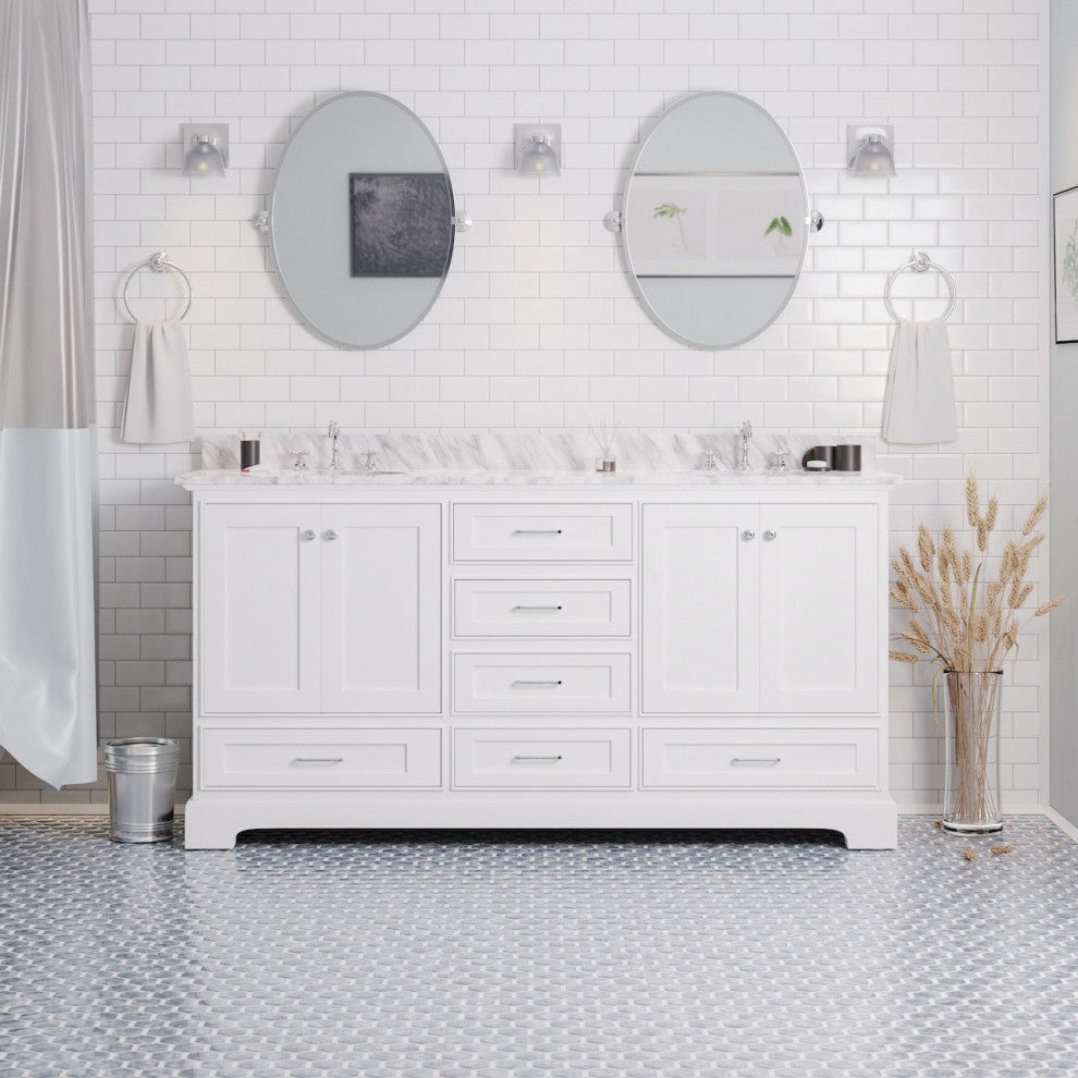 Harper 72" Double Bathroom Vanity, White, Carrara Marble