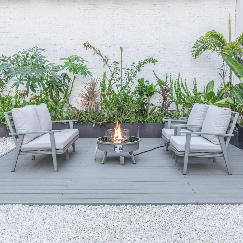 LeisureMod Walbrooke Grey Patio Sofa Set With Round Fire Pit Table, Light Grey