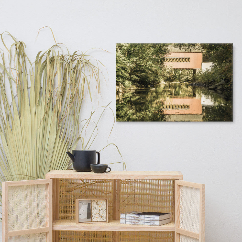 The Reflection of Wooddale Covered Bridge Aged Canvas Wall Art Print, 24" X 36"