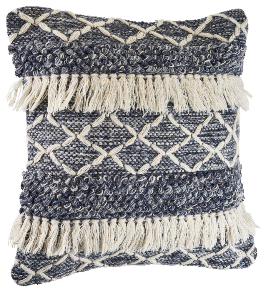 Navy and Ivory Textured with Fringe Throw Pillow