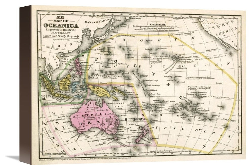 "Map of Oceanica, 1839" Canvas Giclee by Samuel Augustus Mitchell, 16"x12"