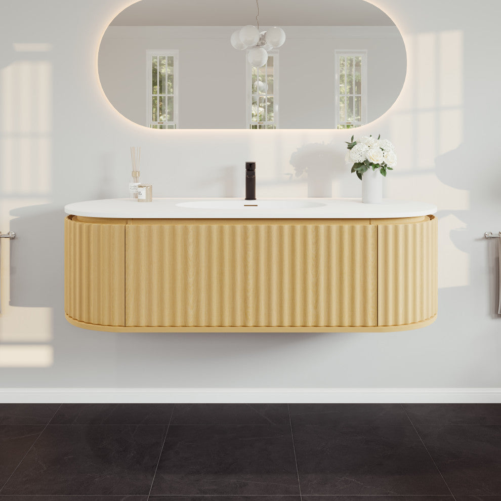 Eviva Haven 55" Oak Wallmount Vanity With White Solid Surface Integrated Top